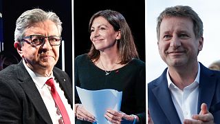 Jean-Luc Mélenchon, leader of la France Insoumise, left, Anne Hidalgo, the Socialist Party candidate, centre; Yannick Jadot, the Green Party candidate, right.