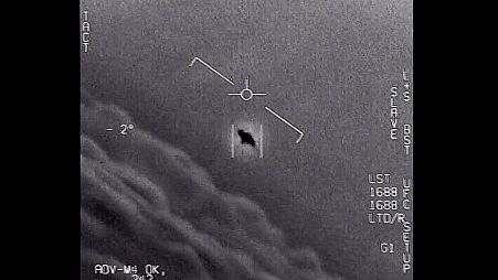 The image from video provided by the Department of Defense labelled Gimbal, from 2015, an unexplained object is seen at center. 