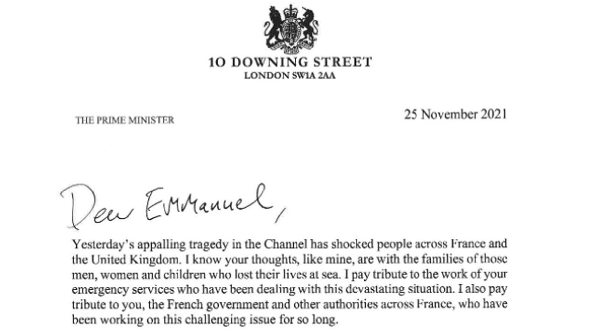Capture de la lettre postée sur son compte Twitter par le Premier ministre britannique Boris Johnson 