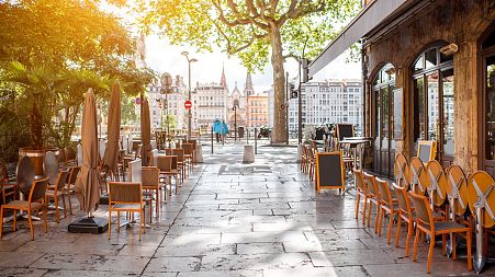 Terrace of a cafe in Lyon, France.