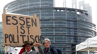 German farmers holding a poster reading "Eating is politics" join farmers from European countries outside the European Parliament to protest the CAP. 