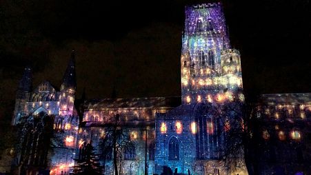 Durham cathedral lit up during Durham Lumiere festival