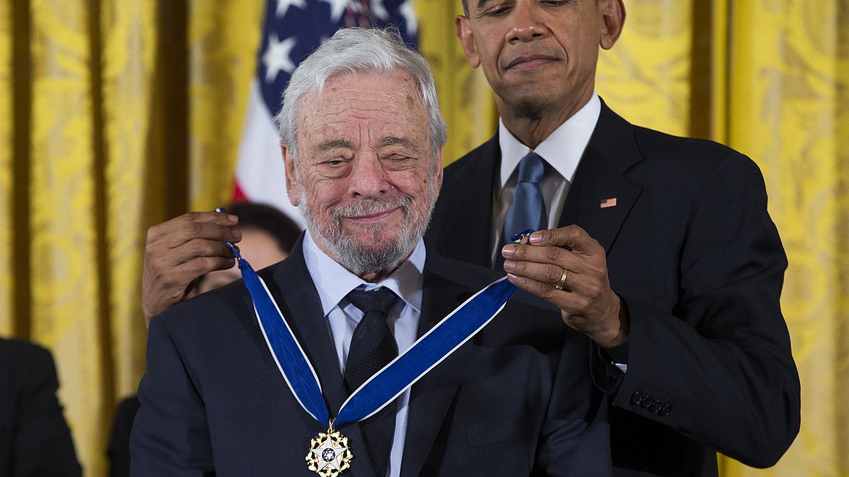 President Barack Obama, right, presents the Presidential Medal of Freedom to composer Stephen Sondheim during a ceremony in the East Room of the White House, on, Nov. 24, 2015