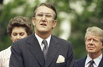 Malcolm Fraser ausztrál miniszterelnök 1977-ben, a háttérben Jimmy Carter