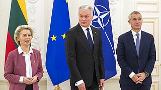 Lithuania's President Gitanas Nauseda, EC President Ursula von der Leyen, and NATO Secretary General Jens Stoltenberg attend a meeting in Vilnius, Lithuania, Nov. 28, 2021.