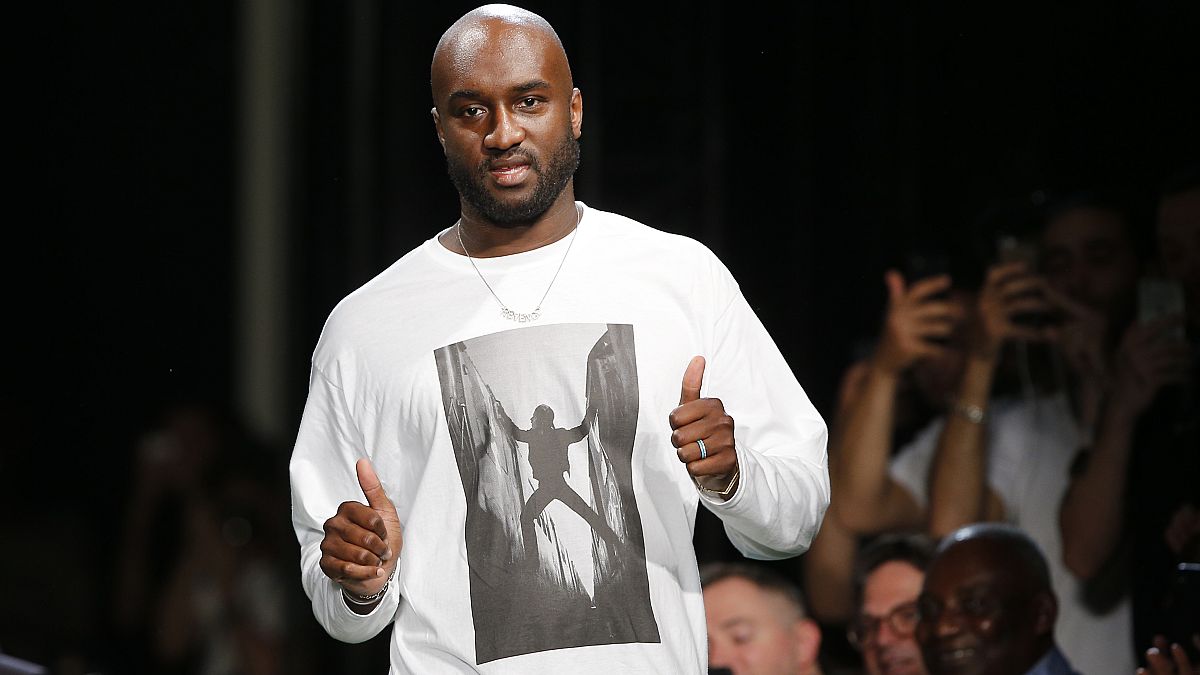 Fashion designer Virgil Abloh gives a thumbs up after the presentation of Off-White Men's Spring-Summer 2019 collection presented in Paris, Wednesday June 20, 2018.