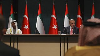 الرئيس التركي رجب طيب أردوغان والشيخ محمد بن زايد آل نهيان، ولي عهد الإمارات العربية المتحدة، بعد حفل توقيع في القصر الرئاسي، أنقرة، تركيا، 24 نوفمبر 2021