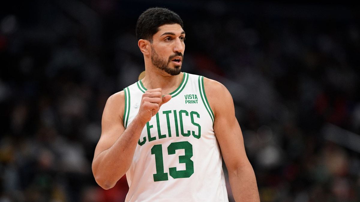 Enes Kanter in action during an NBA game between the Boston Celtics and Washington Wizards.