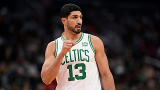 Enes Kanter in action during an NBA game between the Boston Celtics and Washington Wizards.