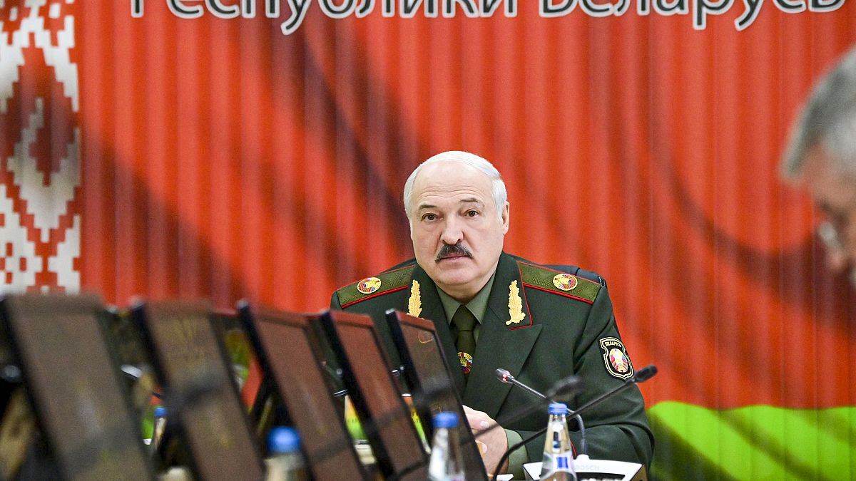Belarusian President Alexander Lukashenko attends a meeting with top level military officials in Minsk, Belarus, Monday, Nov. 22, 2021. 