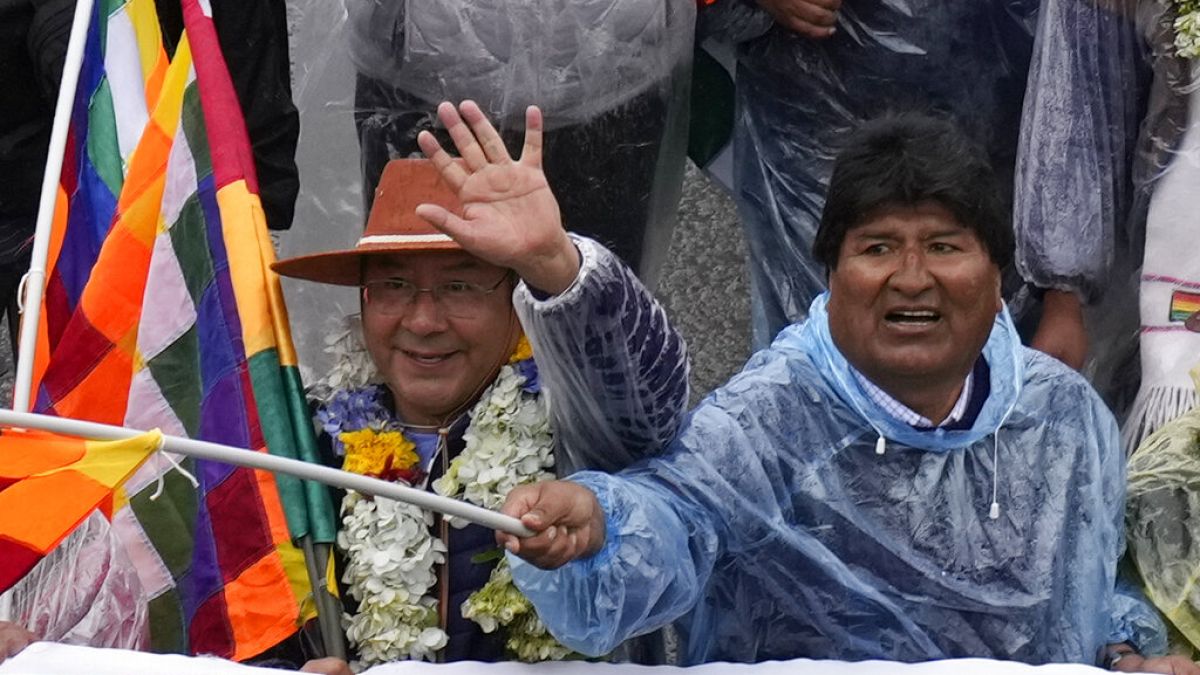 El presidente boliviano, Luis Arce, y el expresidente Evo Morales durante la "Marcha por la patria"
