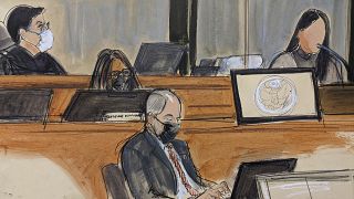 In this courtroom sketch, Judge Alison Nathan, far left, listens as a witness using the pseudonym "Jane" testifies during Ghislaine Maxwell's trial, Tuesday Nov. 30, 2021.