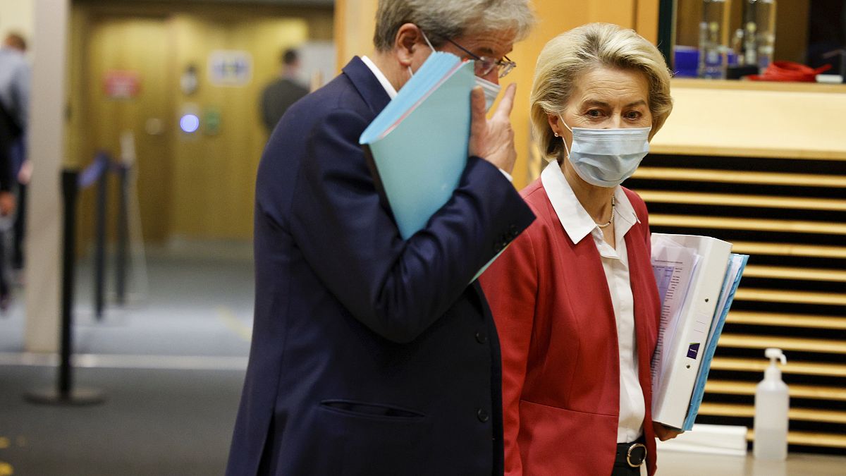 European Commissioner for Economics Paolo Gentiloni talks with President of the European Commission Ursula von der Leyen at the College of Commissioners in Brussels, Wednesday