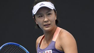 FILE - China's Peng Shuai reacts during her first round singles match at the Australian Open tennis championship, January 2020.