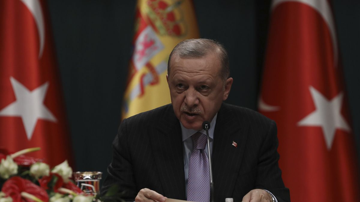 الرئيس التركي رجب طيب أردوغان في مؤتمر صحفي مشترك مع رئيس الوزراء الإسباني بيدرو سانشيز في القصر الرئاسي في أنقرة، تركيا.