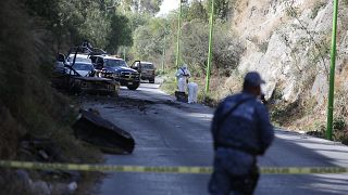 Forensic investigators work an area where a burned-out car was found after a gang rammed several vehicles into a prison and escaped with nine inmates, in Tula, Mexico.