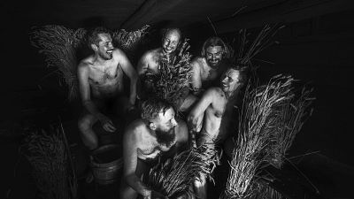 Kyrö Distillery founders in sauna with rye