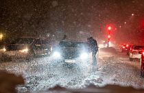 A snowstorm causes chaos on the roads around Aalborg.