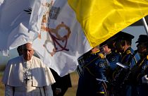 Pope Francis arrives at the airport in Larnaca, Cyprus, Thursday, Dec. 2, 2021
