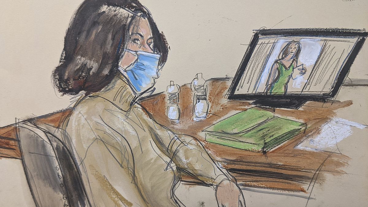 In this courtroom sketch, Ghislaine Maxwell is seated at the defence table while watching testimony of witnesses during her trial, Tuesday, Nov. 30, 2021, in New York.