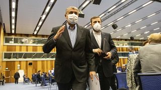محمد إسلامي، رئيس منظمة الطاقة الذرية الإيرانية، إلى اليسار وكاظم غريب عبادي، مندوب إيران لدى الوكالة الدولية للطاقة الذرية