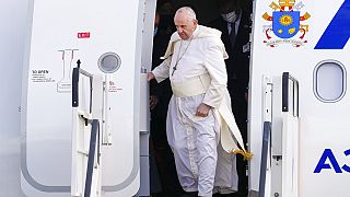 Pope Francis arrives at the Eleftherios Venizelos International Airport in Athens, Greece, Saturday, Dec. 4, 2021.