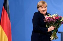 Chancellor Angela Merkel during a handover ceremony in the chancellery in Berlin, Wednesday, Dec. 8, 2021.