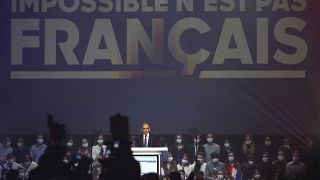 French far right presidential candidate Eric Zemmour delivers his speech during his first rally, Sunday, Dec. 5, 2021 in Villepinte, north of Paris.