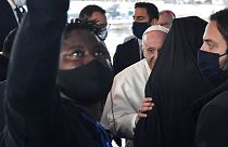 Ferenc pápa meneküldőkkel találkozott Leszbosz szigetén, 2021. december 5.