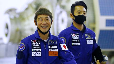 Space flight participants Yusaku Maezawa, left, and Yozo Hirano in training in October