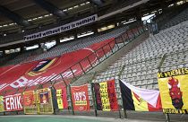 Football banners on display at the King Baudouin stadium in Brussels.