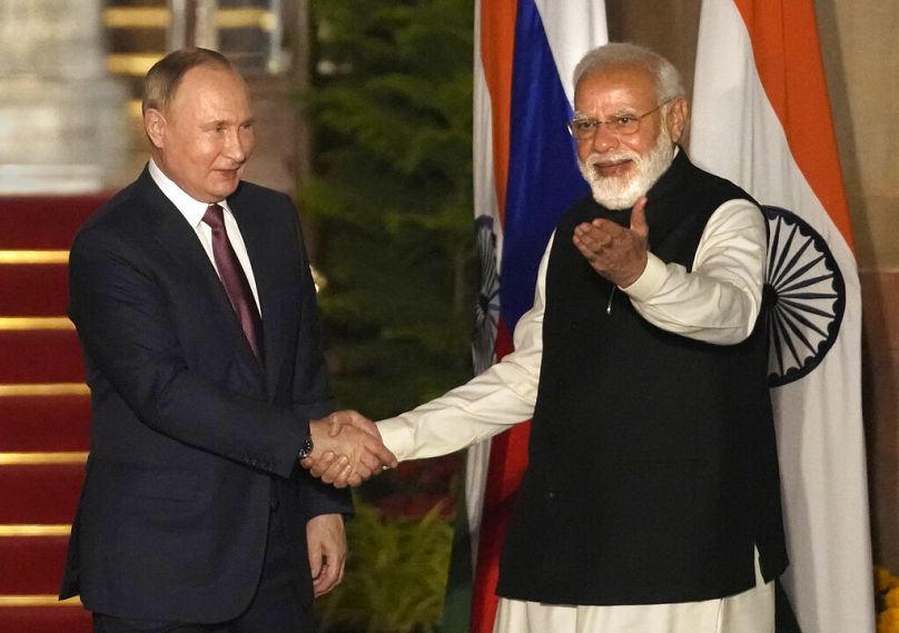 Putyin és Modi az ukrajnai háború előtt - Új-Delhi, 2021 december