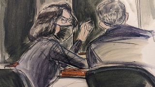 In this sketch, Ghislaine Maxwell, seated left speaks to her defense attorney Christian Everdell prior to the testimony of "Kate,"during the trial of Ghislaine Maxwell.