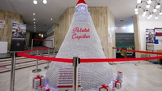 The 3-metre tall Christmas tree is made from 19,000 empty COVID-19 vaccine containers  