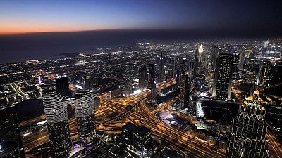 This picture taken on May 9, 2021 shows a view of the Dubai city skyline as seen from the Burj Khalifa