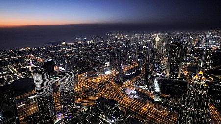 This picture taken on May 9, 2021 shows a view of the Dubai city skyline as seen from the Burj Khalifa