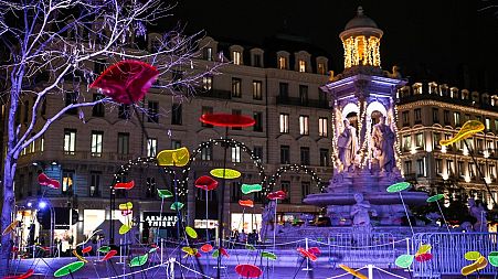 A photograph taken on December 7, 2021 shows the place des Jacobins illuminated during the Festival of Lights, in Lyon, France, on December 7, 2021.