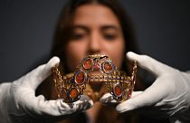 A Carnelian, enamel and gold diadem, believed to have belonged to Empress Josephine Bonaparte of France, displayed at Sotheby's Auction House in London, Dec. 3, 2021.