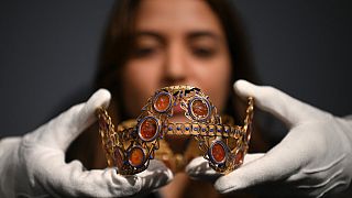 A Carnelian, enamel and gold diadem, believed to have belonged to Empress Josephine Bonaparte of France, displayed at Sotheby's Auction House in London, Dec. 3, 2021.