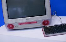 A Strawberry iMac owned by Wikipedia founder Jimmy Wales is displayed during a press preview before the upcoming Christie's Luxury Week auction, in New York on December 3, 202