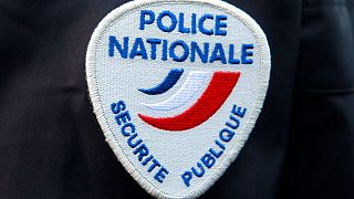 The logo of the French national police on display during a ceremony in Paris.