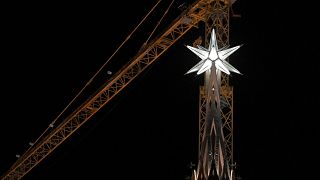 The Sagrada Familia basilica is pictured during the inauguration of its second-highest tower, that is dedicated to the Virgin Mary, on December 8, 2021 in Barcelona.