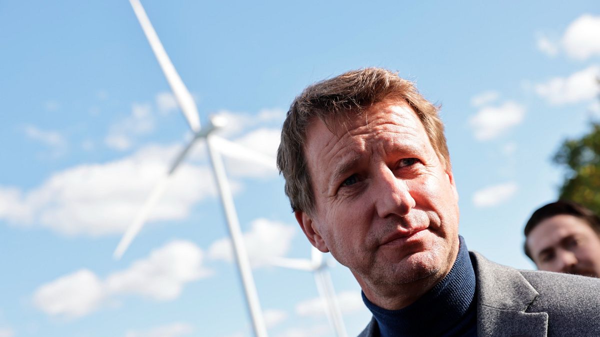 Green Party candidate for the 2022 presidential campaign Yannick Jadot visits a wind farm near Saint-Pere-en-Retz, Brittany, Oct.22, 2021 . 