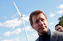 Green Party candidate for the 2022 presidential campaign Yannick Jadot visits a wind farm near Saint-Pere-en-Retz, Brittany, Oct.22, 2021 . 