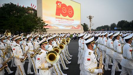 A Chinese military band arrives for celebrations in Beijing in July.