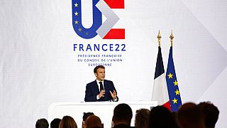 French President Emmanuel Macron delivers a speech during a press conference on France assuming EU presidency, Thursday, Dec. 9, 2021.