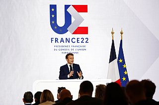 French President Emmanuel Macron delivers a speech during a press conference on France assuming EU presidency, Thursday, Dec. 9, 2021.
