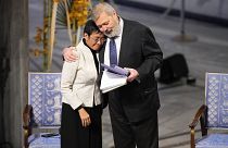 Nobel Peace Prize winners Dmitry Muratov from Russia, right, and Maria Ressa of the Philippines during the Nobel Peace Prize ceremony at Oslo City Hall, Norway, Dec. 10, 2021.