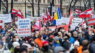 People take part in a demonstration against measures to battle the coronavirus pandemic in Vienna, Austria, Saturday, 11 Dec. 2021.