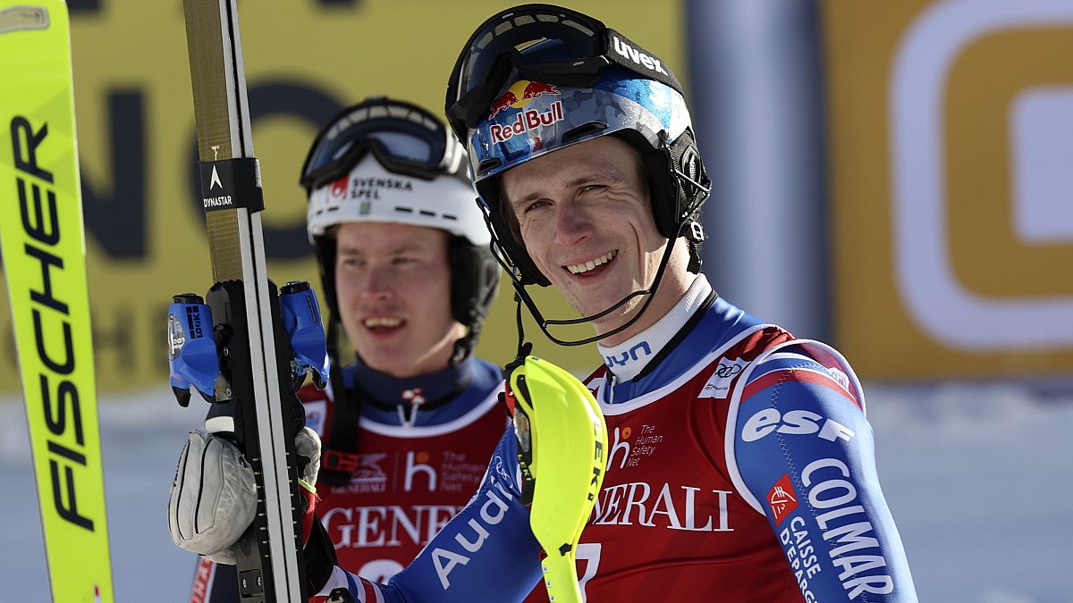 France's Clement Noel, right, winner of an alpine ski, men's World Cup slalom.
